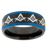10mm Masonic Square and Compass Blue Step Edges Brushed Tungsten Carbide Mens Promise Ring