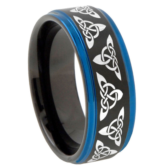 10mm Celtic Knot Blue Step Edges Brushed Tungsten Carbide Mens Promise Ring