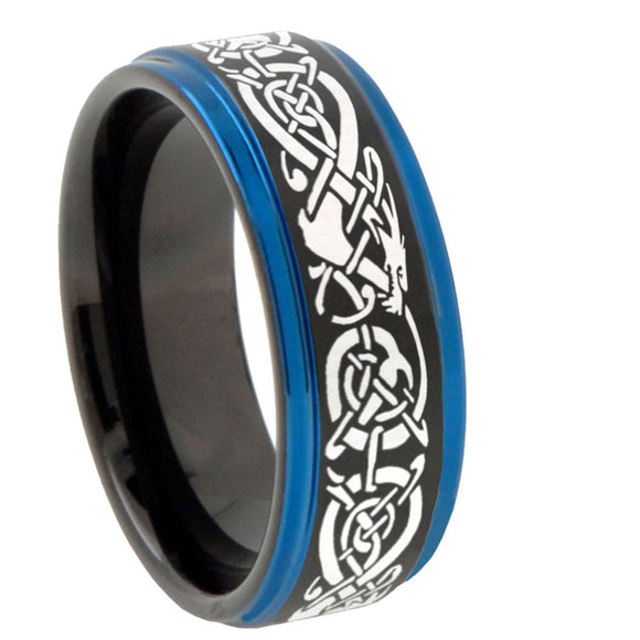 10mm Celtic Dragon Blue Step Edges Brushed Tungsten Carbide Mens Promise Ring