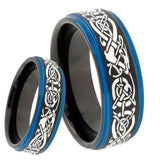 8mm Celtic Dragon Blue Step Edges Tungsten Carbide Mens Wedding Ring