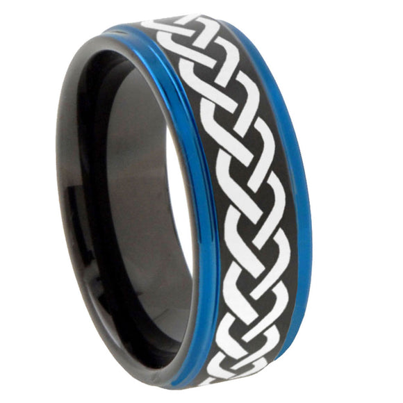 10mm Laser Celtic Knot Blue Step Edges Brushed Tungsten Carbide Mens Promise Ring