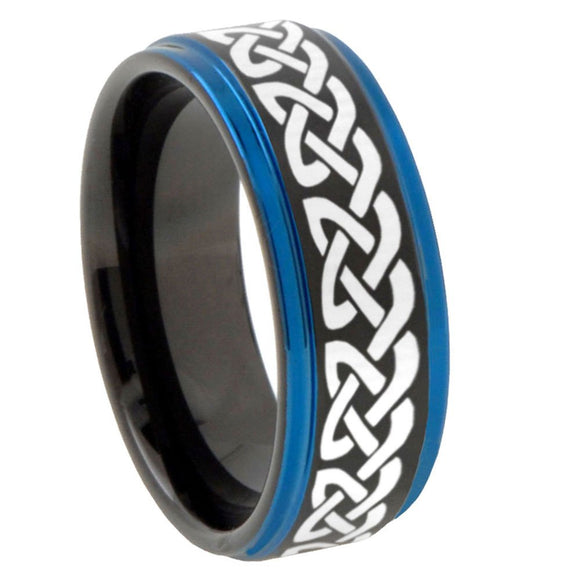 8mm Celtic Knot Love Blue Step Edges Tungsten Carbide Mens Wedding Ring