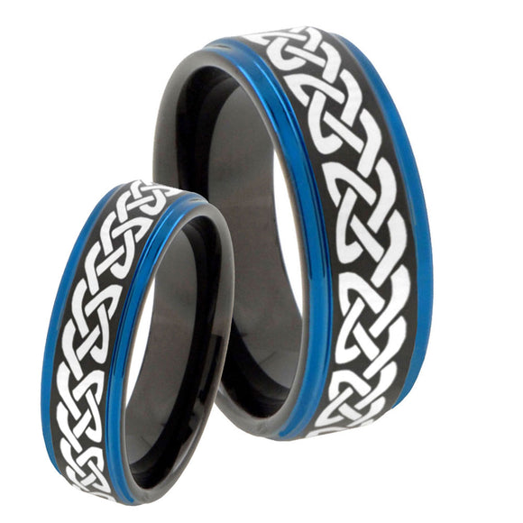 His Hers Celtic Knot Love Blue Step Edges Tungsten Men's Wedding Band Set