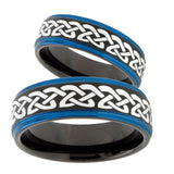 His Hers Celtic Knot Love Blue Step Edges Tungsten Men's Wedding Band Set