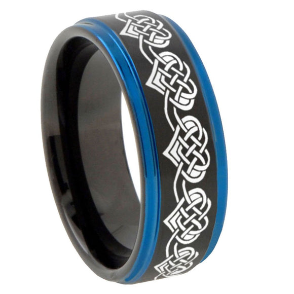 8mm Celtic Knot Heart Blue Step Edges Tungsten Carbide Mens Wedding Ring