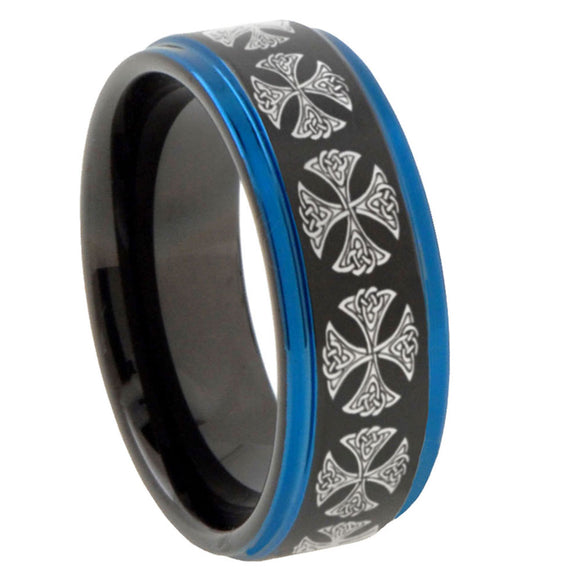 10mm Medieval Cross Blue Step Edges Brushed Tungsten Carbide Mens Promise Ring