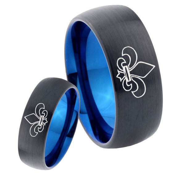 His Hers Fleur De Lis Dome Tungsten Carbide Blue Wedding Ring Set