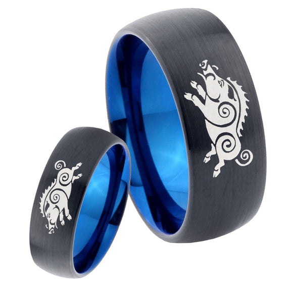 His Hers Wild Boars Dome Tungsten Carbide Blue Wedding Ring Set