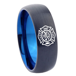 8mm Fire Department Dome Tungsten Carbide Blue Band Ring