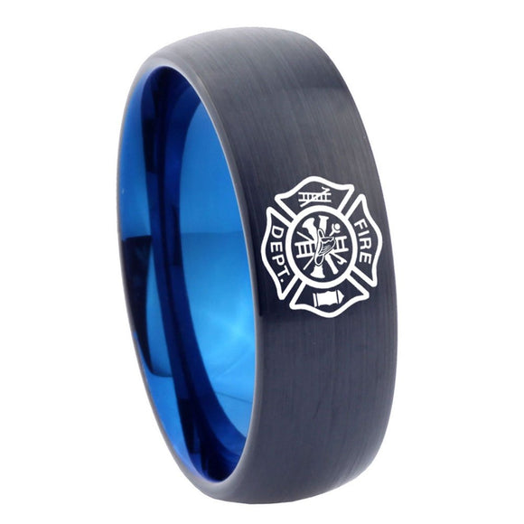 8mm Fire Department Dome Tungsten Carbide Blue Band Ring