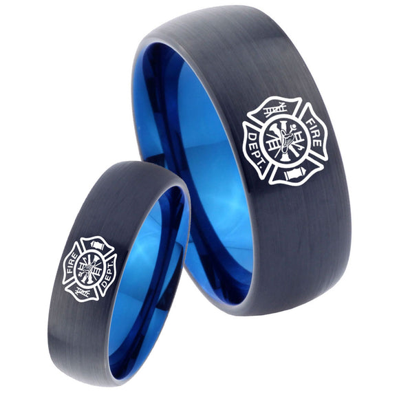 His Hers Fire Departments Dome Tungsten Blue Men's Band Ring Set