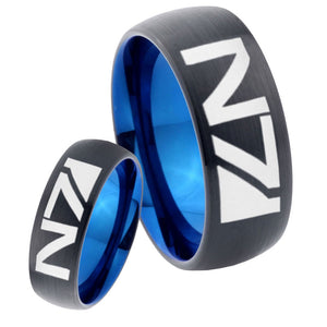 His Hers N7 Designs Dome Tungsten Carbide Blue Wedding Ring Set