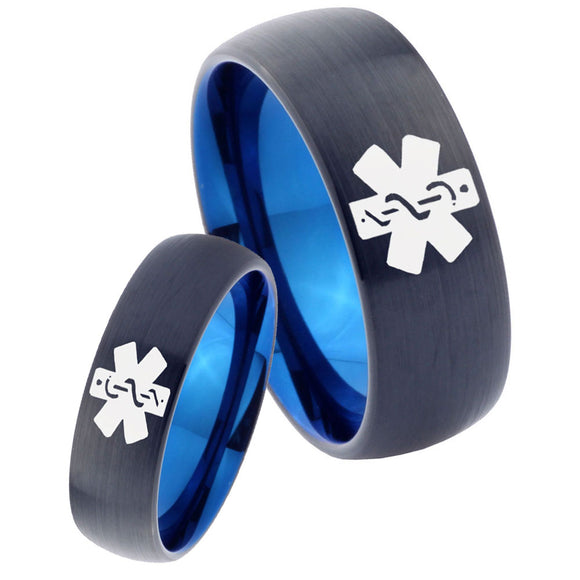 His Hers Medical Alerts Dome Tungsten Carbide Blue Band Ring Set