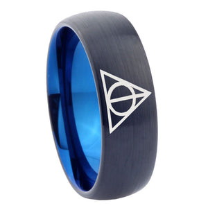 10mm Deathly Hallows Dome Tungsten Carbide Blue Mens Wedding Band