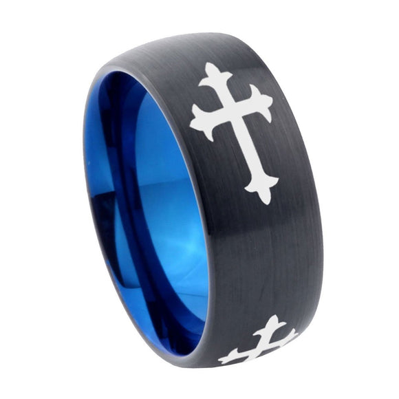 8mm Christian Cross Religious Dome Tungsten Carbide Blue Wedding Band Mens
