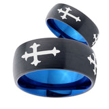 His Hers Christian Cross Religious Dome Tungsten Carbide Blue Wedding Ring Set