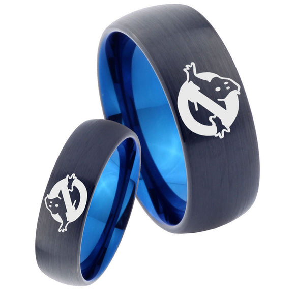 His Hers Ghostbusters Dome Tungsten Blue Mens Promise Ring Set