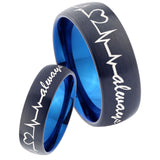 His Hers Heart Beat forever Heart always mores Dome Tungsten Blue Rings Set