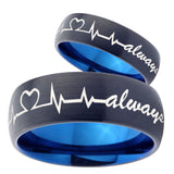 His Hers Heart Beat forever Heart always mores Dome Tungsten Blue Rings Set