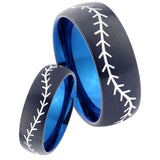 His Hers Baseballs Dome Tungsten Carbide Blue Promise Ring Sets