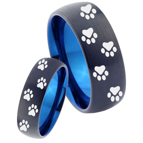 His Hers Paw Print Designs Dome Tungsten Carbide Blue Wedding Band Set