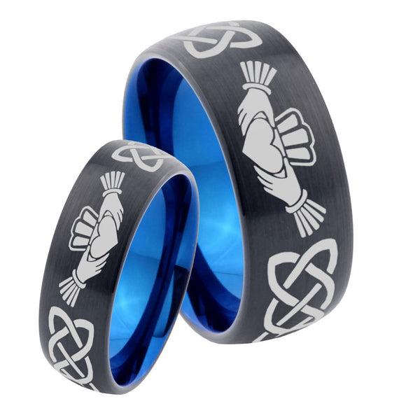 His Hers Irish Claddagh Dome Tungsten Carbide Blue Wedding Ring Set