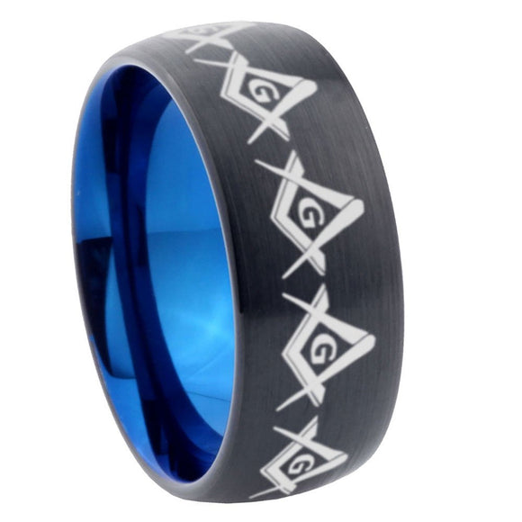 8mm Masonic Square and Compass Dome Tungsten Carbide Blue Wedding Band Mens