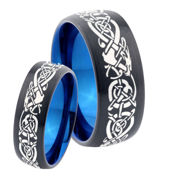His Hers Celtic Dragons Dome Tungsten Carbide Blue Wedding Ring Set