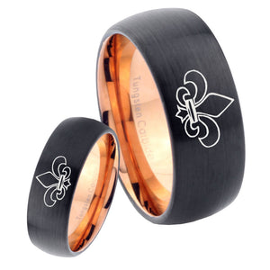 His Hers Fleur De Lis Dome Tungsten Rose Gold Mens Wedding Band Set