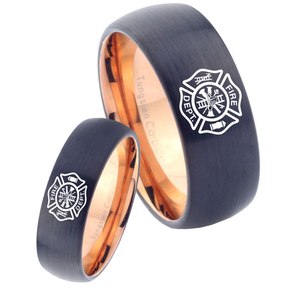 His Hers Fire Departments Dome Tungsten Rose Gold Promise Ring Set