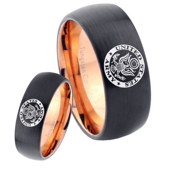 His Hers U.S. Army Dome Tungsten Rose Gold Mens Wedding Band Set