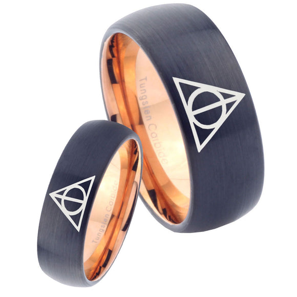 His Hers Deathly Hallows Dome Tungsten Rose Gold Wedding Band Mens