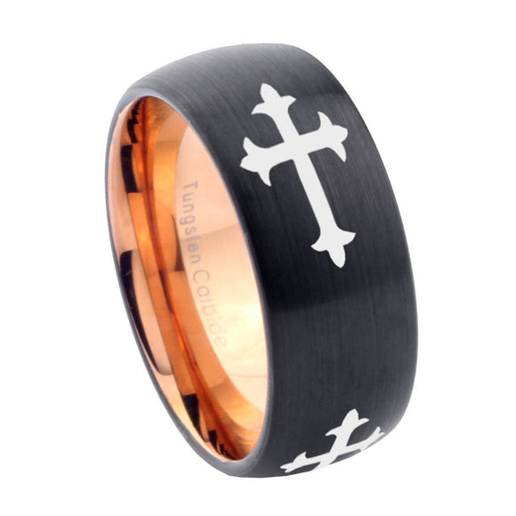 8mm Christian Cross Religious Dome Tungsten Carbide Rose Gold Anniversary Ring