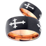 His Hers Christian Cross Religious Dome Tungsten Rose Gold Mens Wedding Band Set