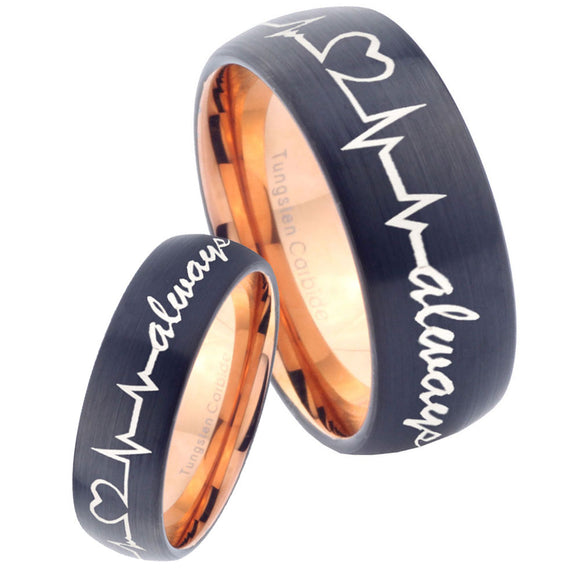 His Hers Heart Beat forever Heart always mores Dome Tungsten Rose Gold Ring Set