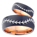 His Hers Baseballs Dome Tungsten Carbide Rose Gold Mens Band Ring Set