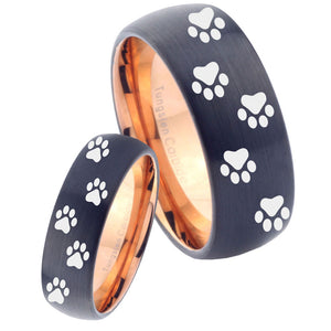 His Hers Paw Print Designs Dome Tungsten Rose Gold Anniversary Ring Set