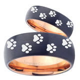 His Hers Paw Print Designs Dome Tungsten Rose Gold Anniversary Ring Set