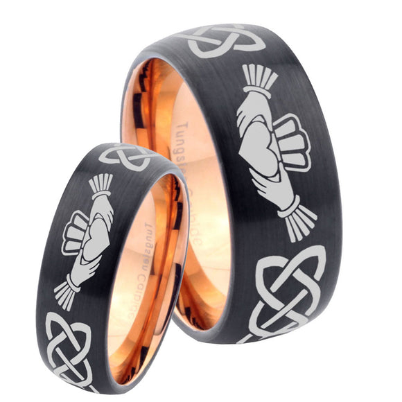 His Hers Irish Claddagh Dome Tungsten Rose Gold Mens Wedding Band Set