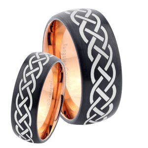 His Hers Celtic Knots Dome Tungsten Rose Gold Mens Wedding Band Set