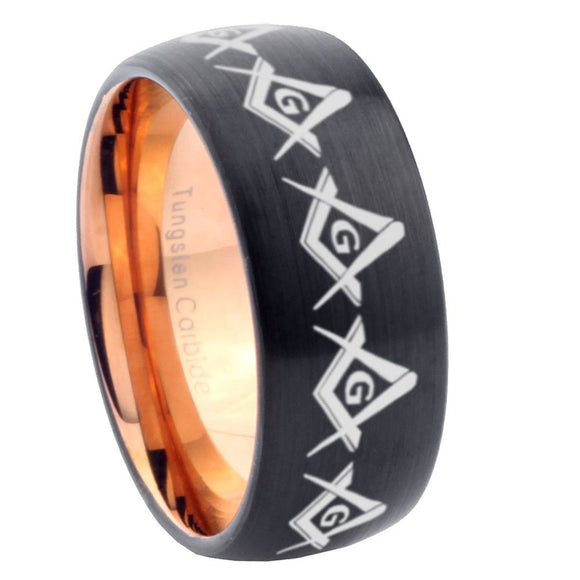8mm Masonic Square and Compass Dome Tungsten Carbide Rose Gold Anniversary Ring