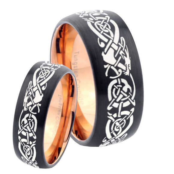 His Hers Celtic Dragons Dome Tungsten Rose Gold Mens Wedding Band Set