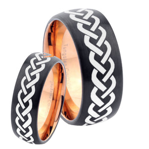 His Hers Laser Celtic Knots Dome Tungsten Rose Gold Mens Wedding Band Set