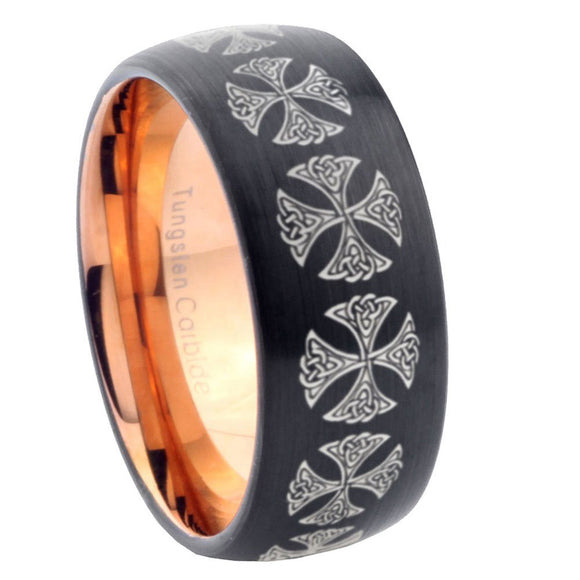 8mm Medieval Cross Dome Tungsten Carbide Rose Gold Anniversary Ring