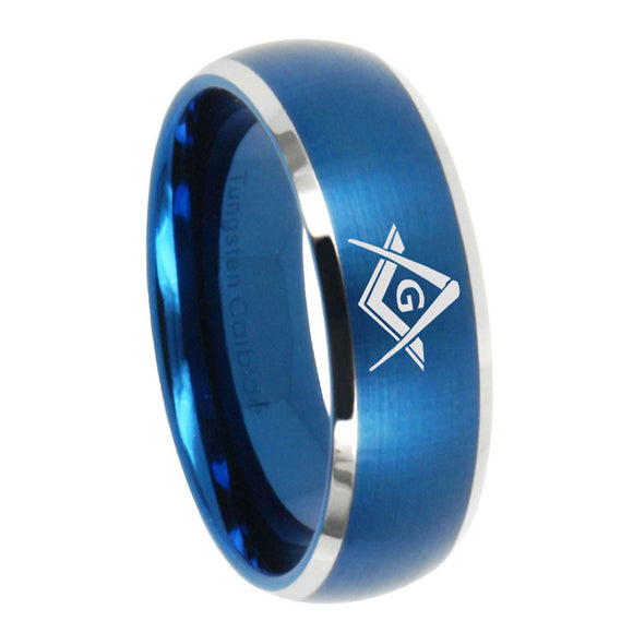 10mm Freemason Masonic Dome Brushed Blue 2 Tone Tungsten Men's Engagement Ring