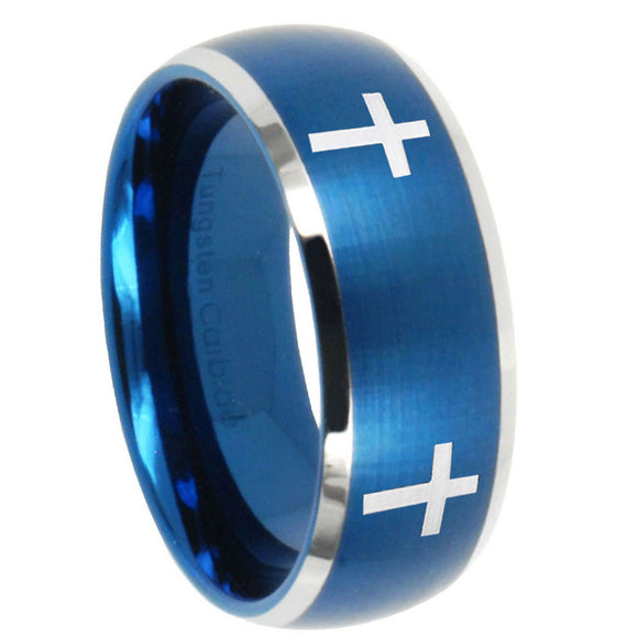 10mm Crosses Dome Brushed Blue 2 Tone Tungsten Carbide Mens Promise Ring