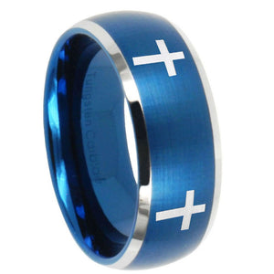 8mm Crosses Dome Brushed Blue 2 Tone Tungsten Carbide Wedding Bands Ring