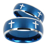 His and Hers Crosses Dome Brushed Blue 2 Tone Tungsten Anniversary Ring Set