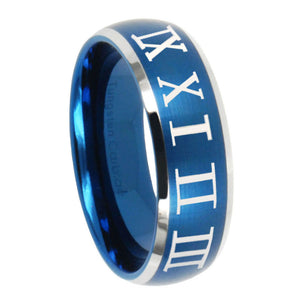 10mm Roman Numeral Dome Brushed Blue 2 Tone Tungsten Carbide Mens Ring Engraved