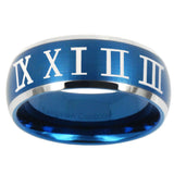 10mm Roman Numeral Dome Brushed Blue 2 Tone Tungsten Carbide Mens Ring Engraved